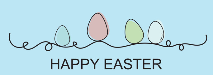 Aufkleber - One line drawing. Abstract decorative horizontal divider with easter color eggs. Beautiful hand drawn easter eggs. Happy easter text. Border design element. Vector stock illustration