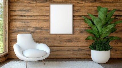 Poster - Serene Interior: An elegant living space with a minimalist aesthetic, showcasing a clean, white chair, a potted plant with vibrant green leaves.