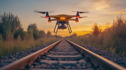 Aufkleber - A drone hovers above railway tracks, capturing visual data for inspection and surveillance. The sunset casts a warm glow over the scene, emphasizing the importance of technology in transportation.