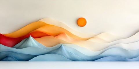 Poster - Abstract Sunset Serenity: A captivating abstract composition evokes the tranquil beauty of a sunset over undulating landscapes, blending shades of orange, blue and a bright sun.
