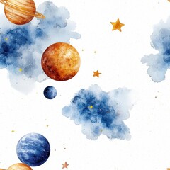 Poster - Celestial Dance: A captivating watercolor painting of planets gracefully floats through a vibrant celestial scape, creating an atmosphere of wonder and mystery. 