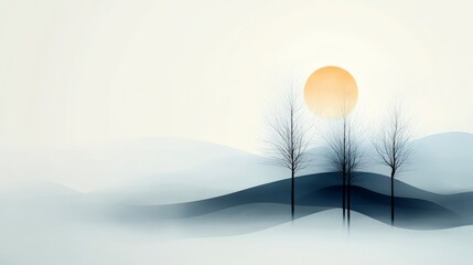 Poster - Serene Sunrise: A minimalist landscape painting captures a tranquil morning, featuring soft, rolling hills, bare trees, and a rising sun, evoking a sense of peace and meditation.