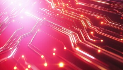 Fototapete - Abstract Pink And Red Circuit Board Background With Glowing Lines