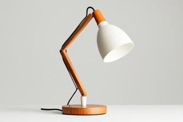 Poster - Stylish Desk Lamp: An elegant desk lamp illuminates its surroundings, its design combining a white lampshade with wooden and orange accents.