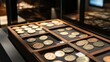 © Aliatun - Vintage coin collection displayed in wooden partitioned box at museum