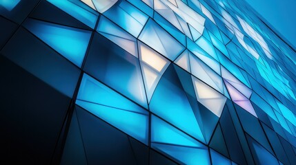 Poster - Glowing geometric patterns on a futuristic building facade, architectural glowtime, innovative and bold.