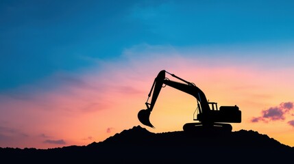 Poster - Yellow excavator at a building site, silhouetted against a vibrant blue sky. Ideal for infrastructure and industrial banners.