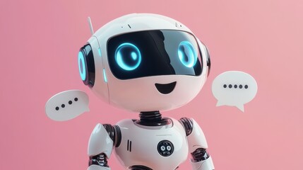 Poster - Cute white robot with friendly expression and speech bubbles illustration