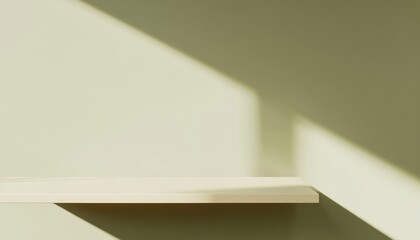 Aufkleber - Empty Wooden Shelf Against a Pale Green Wall with Sunlight Shadows