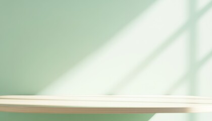 Aufkleber - Empty Wooden Shelf Against a Pastel Green Wall with Sunlight Shadows