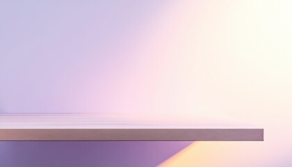 Poster - Empty Wooden Shelf Display with Pastel Purple and Orange Lighting