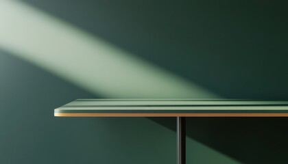 Poster - Green Table with Wooden Top and Metal Legs Against a Dark Green Wall Under Sunlight