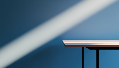 Poster - Minimalist Table with Diagonal Light Beam on Blue Wall