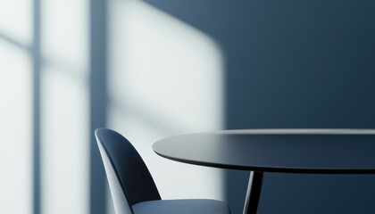 Poster - Modern Minimalist Interior Design: Round Black Table and Blue Chair with Sunlight Shadows