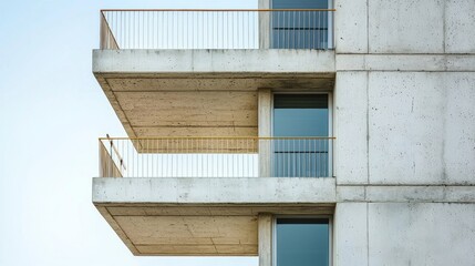 Poster - Balconies of a sleek, modern building display a striking contrast of raw concrete and glass, embodying urban sophistication in a bright, inviting atmosphere