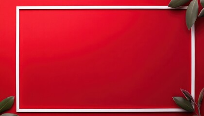 Poster - Red Background With White Frame And Green Leaves