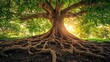 © Chirawan - Majestic tree with sprawling roots and sunlight.