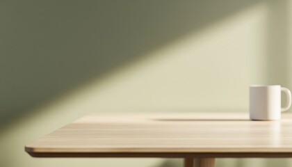 Poster - White Mug on Light Wooden Table with Soft Sunlight and Green Wall