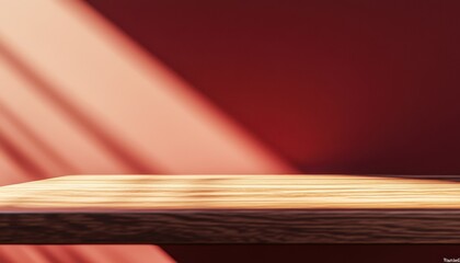 Poster - Wooden Tabletop Display with Sunlight and Red Wall Background