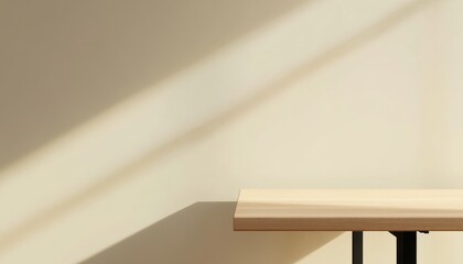 Poster - Wooden Tabletop with Sunlight Shadows Against Beige Wall