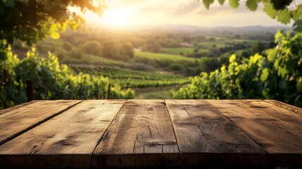 Aufkleber - A rustic wooden table stands prominently against a stunning vineyard landscape. The golden hues of sunset cast a warm glow over the rolling hills, creating a peaceful and inviting atmosphere