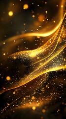 Poster - Magical golden waves with sparkling particles and bokeh effects on dark background create luxurious abstract design for festive celebrations and events.