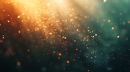Poster - Magical glowing particles floating in dark turquoise and orange atmosphere create dreamy bokeh effect background for fantasy or spiritual designs.
