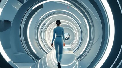 Poster - Woman walks through futuristic corridor in a high-tech environment with glowing rings in the background