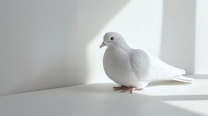 Poster - A beautiful white dove sits on a white table in front of a white background. The dove is looking to the left of the frame.