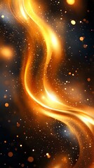 Poster - Glowing golden wave of light and energy flowing through dark space with sparkling particles and bokeh effects creating magical atmosphere.