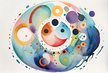 Poster - Vibrant watercolor circles and dots in pastel and bold colors create abstract cosmic composition with fluid organic shapes and splatter effects on white paper background.