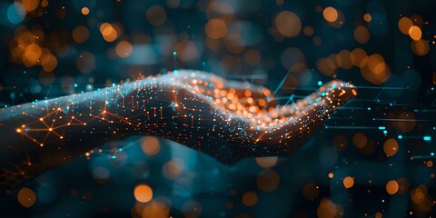 Aufkleber - Abstract digital wave formation with glowing orange particles and connecting lines against dark background, creating futuristic network visualization effect.