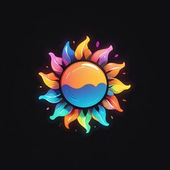 Poster - Vibrant sun logo with multicolored gradient petals on black background, combining ocean waves and sunset motif. Modern design element for branding and decoration.