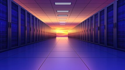Poster - High-Tech Server Room with Glowing Blue Lights and Dramatic Sunset in the Background