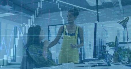 Poster - Businesswomen discussing over financial data and stock market chart animation