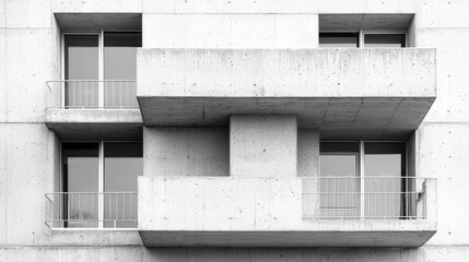 Aufkleber - Monochromatic concrete facade features a striking arrangement of protruding balconies. The minimalist design evokes a sense of modernity and urban tranquility in a bustling environment
