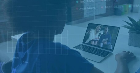 Poster - Person watching business meeting on laptop with data processing animation overlay