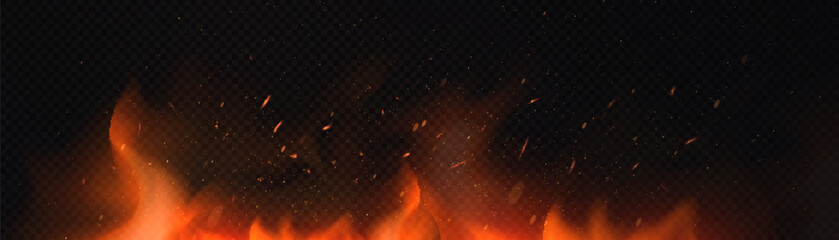 Aufkleber - Realistic fire flames with flickering sparks and smoke on a dark background. Perfect for visual effects, burning scenes, explosions or fantasy magic projects.