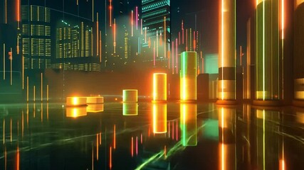 Poster - Futuristic cityscape with glowing skyscrapers and vibrant neon lights, showcasing digital technology and innovation through reflections on smooth surfaces, creating energetic atmosphere.