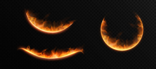 Poster - Set of curved fire trails and glowing arcs with flames on transparent background. Ideal for magic effects, energy spells, attack visuals, or fantasy UI elements.