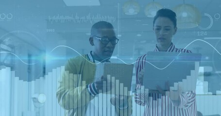 Poster - Discussing financial graphs, two people using tablets with animation in school