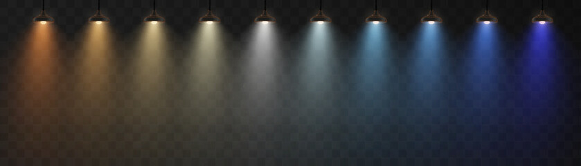 Aufkleber - Set of hanging spotlights with colorful beams on transparent background. Ideal for stage lighting, presentation scenes, theater, or product highlight effects.