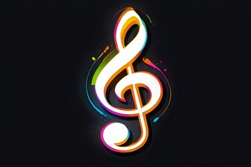 Poster - Glowing treble clef symbol with vibrant rainbow neon effect and light trails on black background, isolated design element for music and entertainment projects.