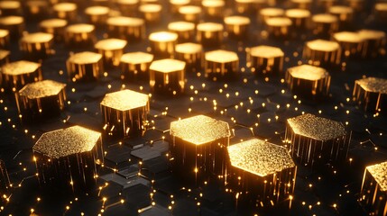 Poster - Golden hexagonal structures on a dark, circuit-like surface
