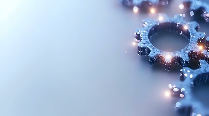 Poster - Glowing mechanical gear with sparkling light effects on blue background, symbolizing innovation, technology advancement and business solutions.