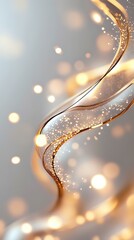 Poster - Elegant golden waves flow with sparkling light particles against soft gray background, creating luxurious abstract design for festive celebrations and events.