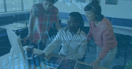 Poster - Collaborating at desk, diverse team using data visualization animation in school