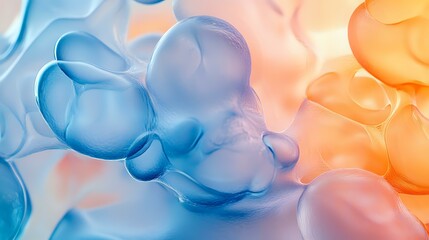 Poster - Ethereal abstract fluid art in blue and peach tones creates dreamy organic shapes with soft translucent bubbles and flowing curves, suitable for modern wall decor.
