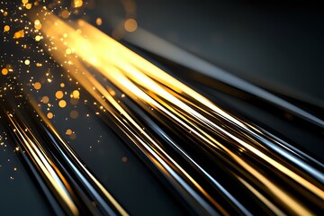 Poster - Glowing golden light rays with sparkling particles and bokeh effects on dark background create dramatic atmospheric abstract composition.