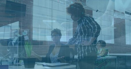 Poster - Collaborating at office desk, business professionals using animation for digital data